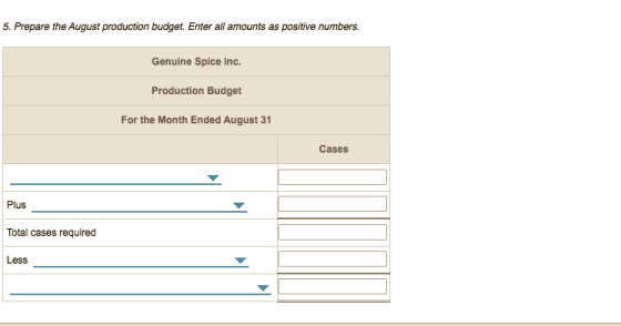 5. Prepare the August production budget. Enter all amounts as positive numbers. Genuine Spice Inc. Production Budget For the