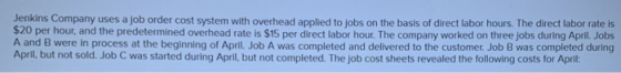 Jenkins Company uses a job order cost system with overhead applied to jobs on the basis of direct labor hours. The direct lab