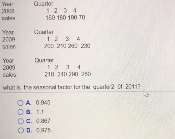 Quarter Year 2008 sales 1 2 3 4 160 180 190 70 Quarter Year 2009 sales 200 210 260 230 Quarter Year 2009 sales 210 240 290 260 what is the seasonal factor for the quarter2 Of 2011? O A. 0.945 O B. 1.1 ° C. 0.867 OD. 0.975