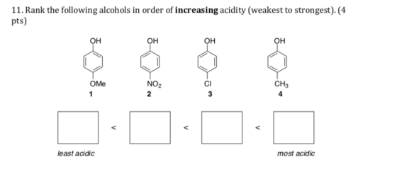 11. Rank the following alcohols in order of increasing acidity (weakest to strongest). (4 pts) он он он он NO2 2 CH3 4 OMe CI east acidic most acidic