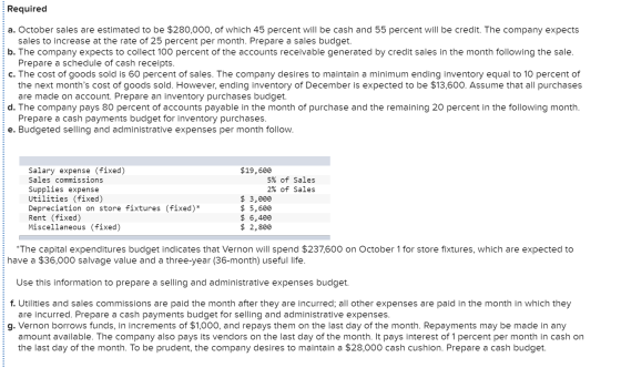 Required a. October sales are estimated to be $280,000, of which 45 percent will be cash and 55 percent will be credit. The c