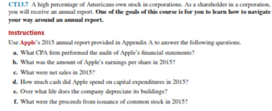 CT13.7 Ahigh percentage of Americans own stock in corporations. As a sharcholder in a corporation., you will receive an annual report.One of the goals of this course is for you to learn how to navigate your way around an annual report. Instructions Use Apples 2015 annual report provided in Appendix A to answer the following questions a. What CPA firm performed the audit of Apples financial statements? b. What was the amount of Apples earnings per share in 2015? e. What were net sales in 2015? d. How much cash did Apple spend on capital expenditures in 2015? e. Over what life does the company depreciate its buildings? . What were the proceeds from issuance of common stock in 2015?