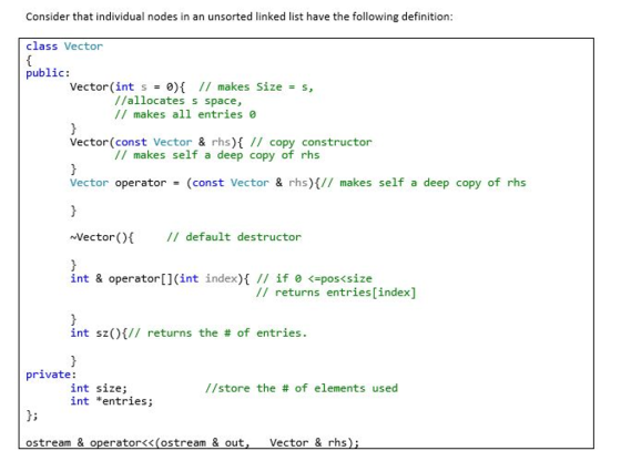 Consider that individual nodes in an unsorted linked list have the following definition class Vector public: Vector(int s = 0)( // makes Size //allocates s space, // makes all entries s, kes all entries e Vector (const Vector & rhs) // copy constructor // makes self a deep copy of rhs Vector operator (const Vector & rhs)(// makes self a deep copy of rhs nVector default destructor int & operator[] (int index){ if 0く-posくsize // // returns entries[index] int sz(){// returns the # of entries private: int size; int *entries; //store the # of elements used 3; ostream & operator<< (ostream & out, Vector & rhs);