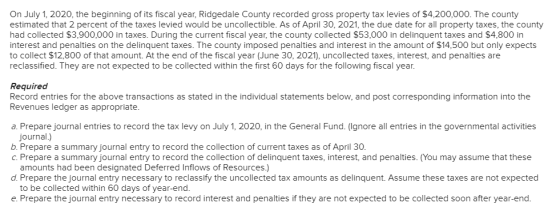 On July 1, 2020, the beginning of its fiscal year, Ridgedale County recorded gross property tax levies of $4,200,000. The cou