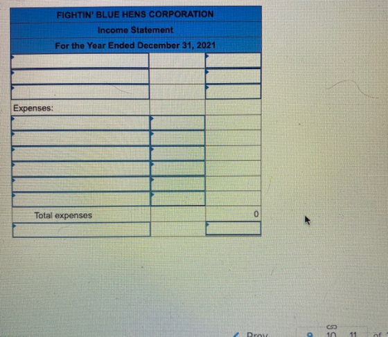 FIGHTIN BLUE HENS CORPORATION Income Statement For the Year Ended December 31, 2021 Expenses: Total expenses Drow SS 2