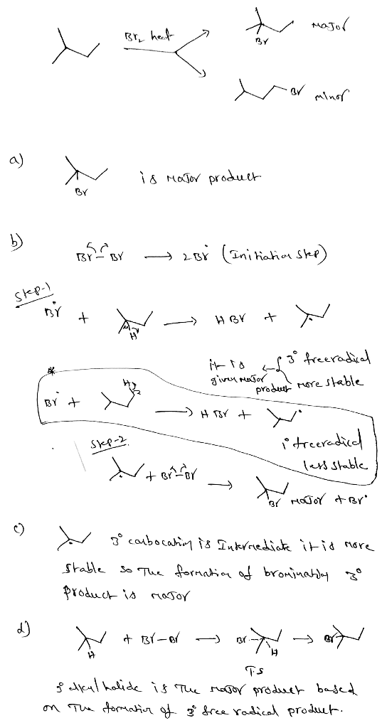 - major Major Br heat s or minor is major product b) B BY 2Br (Initiation Step) Stepel it to ans 3 freeradical given major Bi