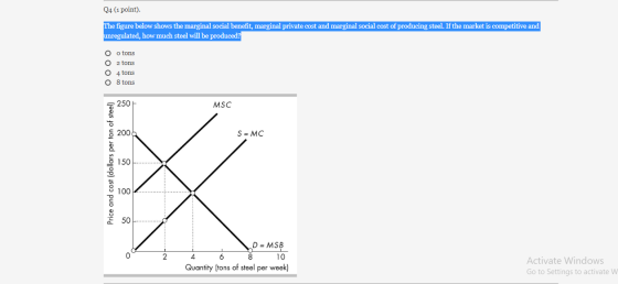 Q4 (1 point). The figure below shows the marginal social benefit, marginal private cost and marginal social cost of producing
