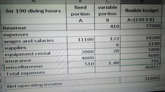 fixed variable portion portion for 190 diving hours flexible budget A+(190 X B) Revenue expenses wages and salaries supplies