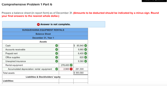Comprehensive Problem 1 Part 6 Prepare a balance sheet (in report form) as of December 31. (Amounts to be deducted should be