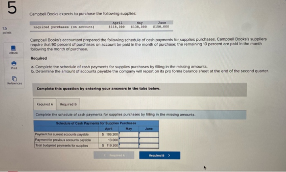 Campbell Books expects to purchase the following supplies: May Required purchases (on account) April $118,000 $138,000 June $