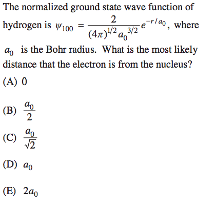 The normalized ground state wave function of 2 hydrogen is V100 = r120, where (47)1/2 a 3/2 ao is the Bohr radius. What is th