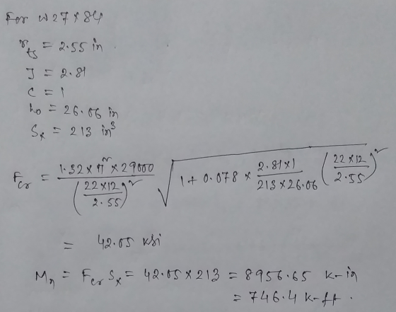 for w27 y su = 2.55 in J = 2.81 ho = 26.06 in Se = 213 in 22 x 12 2.55 Fer 1. 32 x 9 x 29000 22X12 2.55 2.818) If 0.078 x 213