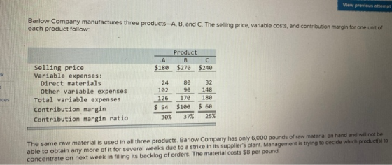 View previous attempt Barlow Company manufactures three products-A, B, and C. The selling price, variable costs, and contribu