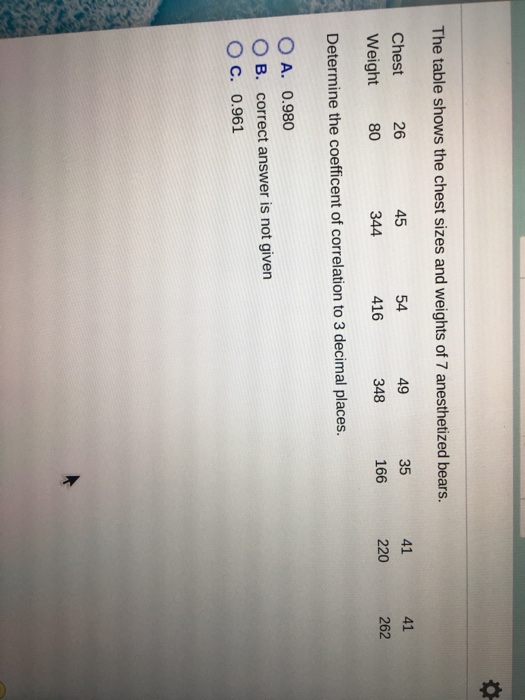 The table shows the chest sizes and weights of 7 anesthetized bears Chest 26 Weight 80 Determine the coefficent of correlation to 3 decimal places. O A. 0.980 O B. correct answer is not given 45 344 54 416 49 348 1 35 166 41 220 41 262 C. 0.961