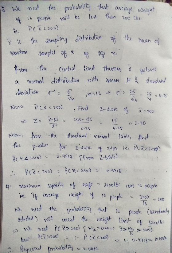 3. We ned the probability that average weight I of 16 people will be less than 200 lbs. ie PCX2200) .. y is the sampling dist