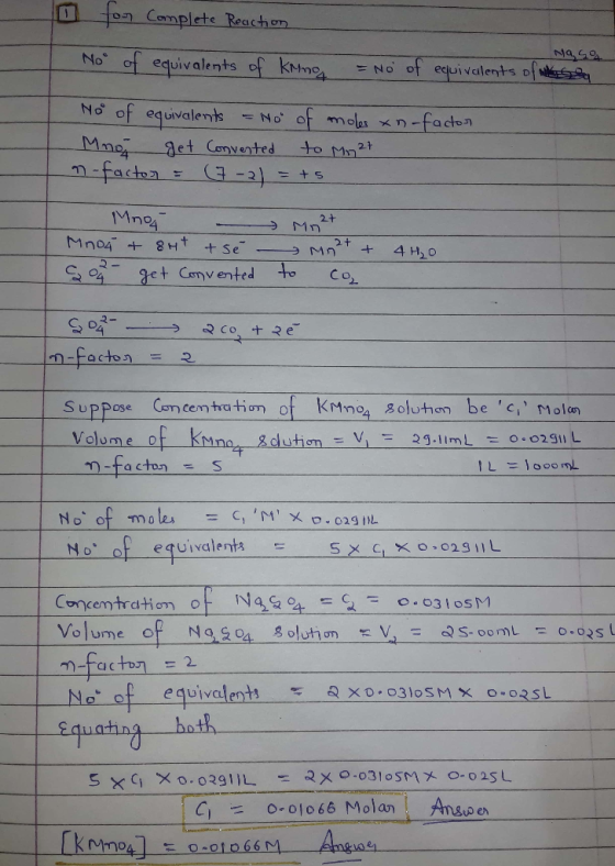O for Complete Reaction No° of equivalents of Krno Nasa = No of equivalents of this No of equivalents - How of moles xn-facto