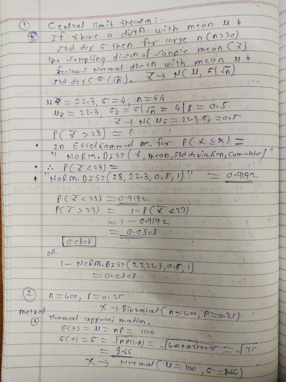 Central limit theorem :- It x have a dists with ean ll to Std dev 6 then for large n (n) 30) the suppling disth of sample mea