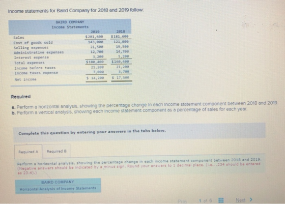 Income statements for Balrd Company for 2018 and 2019 follow BAIRD COMPANY Income Statements 2819 2018 $181,60e Sales $201,60