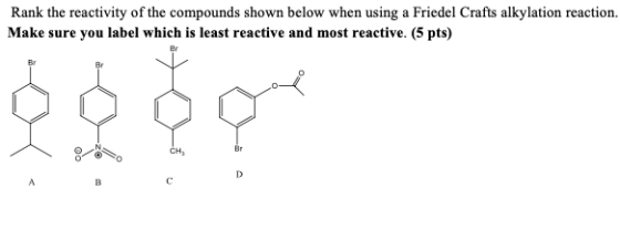 Rank the reactivity of the compounds shown below when using a Friedel Crafts alkylation reaction. Make sure you label which i