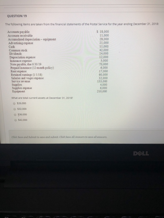 QUESTION 19 The following items are taken from the financial statements of the Postal Service for the year ending December 31