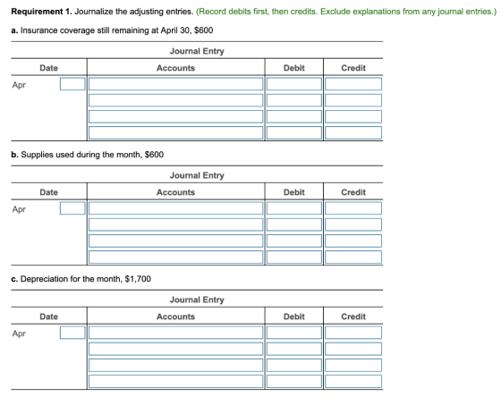 Requirement 1. Journalize the adjusting entries. (Record debits first, then credits. Exclude explanations from any journal en