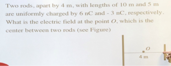 Two rods, apart by 4 m, with lengths of 10 m and 5 m are uniformly charged by 6 nC and 3 nC, respectively What is the electric field at the point O, which is the center between two rods (see Figure) 4 m