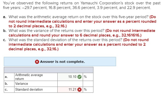 Youve observed the following returns on Yamauchi Corporations stock over the past five years: -29.7 percent, 16.8 percent,