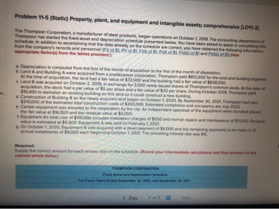 Problem 11-5 (Static) Property, plant, and equipment and intangible assets; comprehensive [LO11-2] The Thompson Corporation,