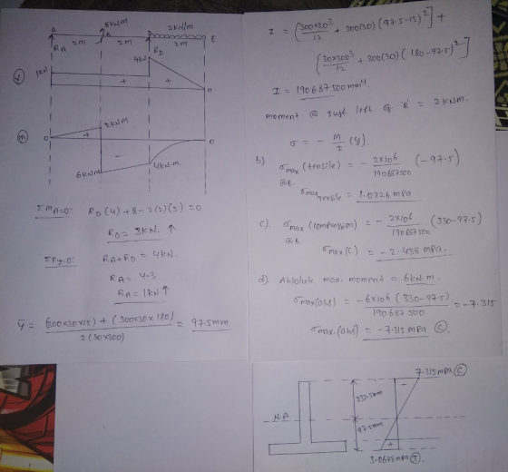 R A 2m 2 m 2 m Rp 30x30030o(30)18-9) lk 1 - 19065 sDO w moment @ Tutt leff σ 2 2kNm (у b) at. dTen 1 0226 m Pa 330-97,S 190 687 soo RA-3 bsolu k maxt, moment6EN m 96 68a soo 2 (30 x300) 31s mpa 31s ma 232.Smm N.A 3.0678 mpaT.