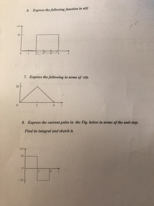 6 Express the following function in ut0 10 7. Express the following in terms of r(). 20 0 &. Express the current pulse in the Fig. below in terms of the unit step. Find its integral and sketch it -10