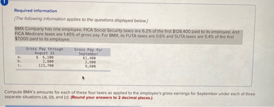 Required information (The following information applies to the questions displayed below.] BMX Company has one employee. FICA