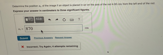 Determine the position Sy of the image if an object is placed in air on the axis of the rod 4.00 cm from the left end of the