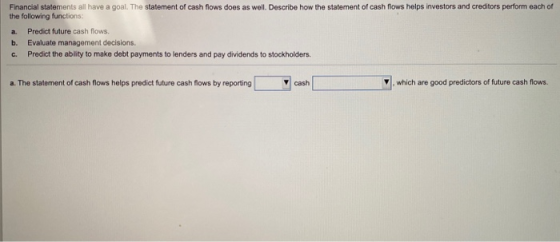 Financial statements all have a goal. The statement of cash flows does as well. Describe how the statement of cash flows help