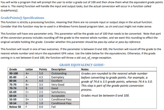 You will write a program that will prompt the user to enter a grade out of 100 and then show them what the equivalent grade p