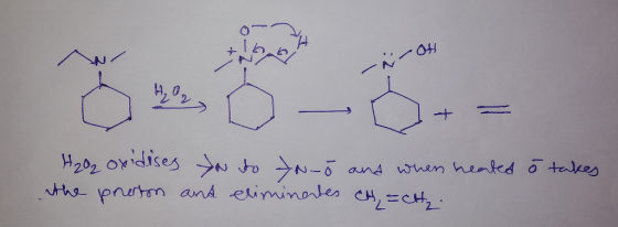 O H202 oxidises you so >N-5 and when heated ō takes the proton and eliminates CH = CH.