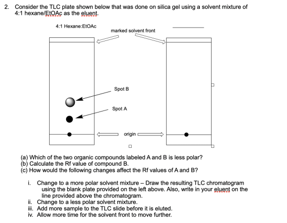 2. Consider the TLC plate shown below that was done on silica gel using a solvent mixture of 4:1 hexane/EtoAc as the eluent.
