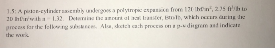 1.5: A piston-cylinder assembly undergoes a polytropic expansion from 120 lbf/in?, 2.75 ft/lb to 20 lbf/in with n= 1.32. Dete