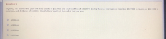 Question 6 Skysong, Inc. started the year with total assets of $323000 and total liabilities of $263000. During the year the