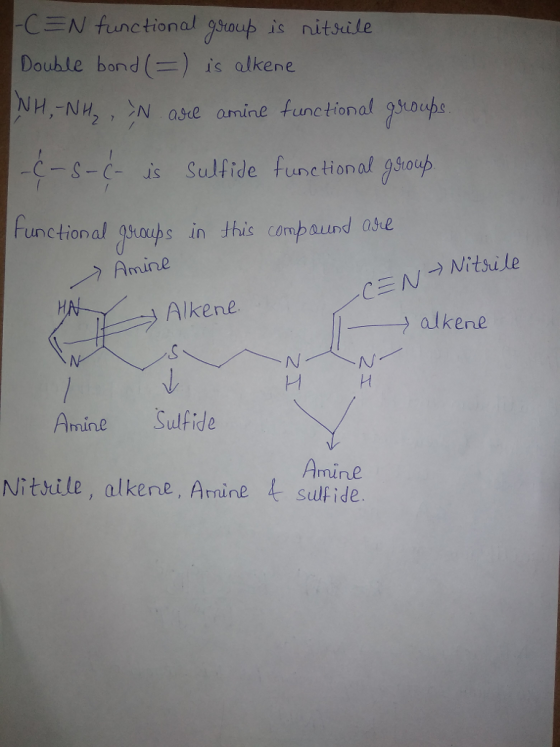 -CEN functional grou is nitsile Double bandis alkene NH,-NH2 , )N ase omine functional gyodts CSJs Sulfide funetional ghoep -s-t- fureti rales Functional us in Hhui (a Amine compaund aste Nitsile Alkene. alkene Amine Sulfide Amine Nithile, alkene, Arnine t sufide.