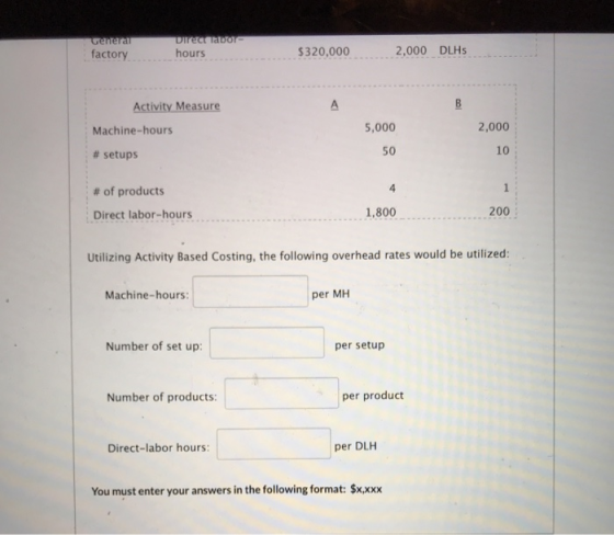 General factory Director hours $320,000 2,000 DLHS Activity Measure Machine-hours 5,000 2,000 #setups 50 # of products Direct