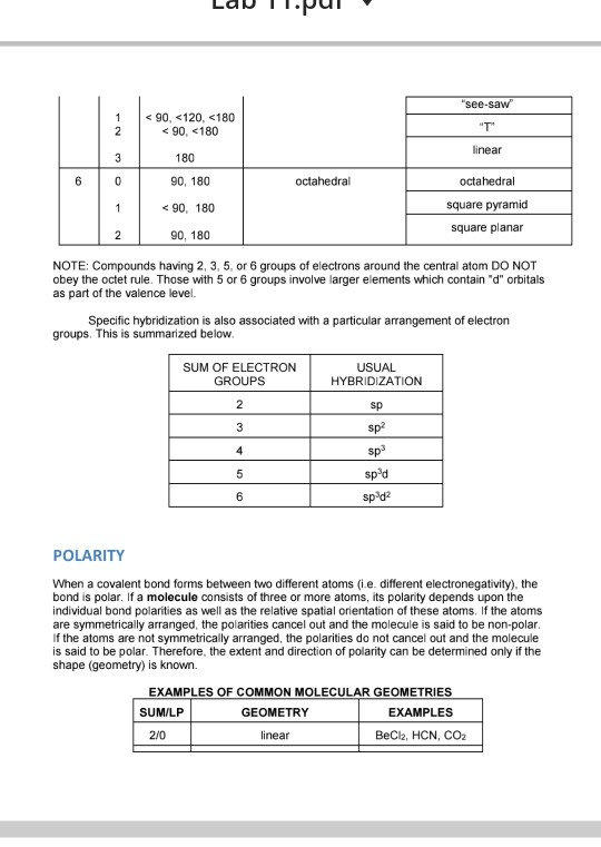 see-saw 1 < 90, <120, <180 < 90, <180 2 T linear 3 180 6 0 90, 180 octahedral octahedral 1 <90, 180 square pyramid square p