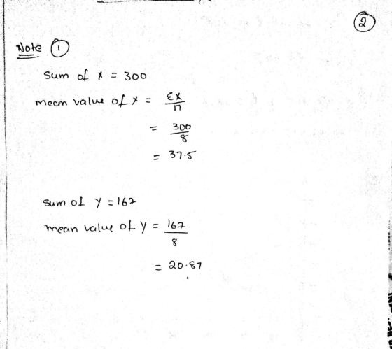 Note O Sum of x = 300 meam value of x = { = 300 8 = 37.5 Sum of y = 167 mean value of y = 167 = 20.87