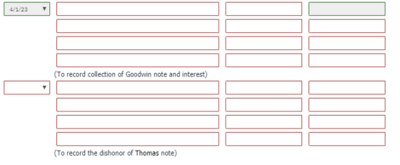 4/1/23 (To record collection of Goodwin note and interest) (To record the dishonor of Thomas note)