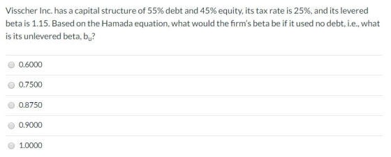 Visscher Inc. has a capital structure of 55% debt and 45% equity, its tax rate is 25%, and its levered beta is 1.15. Based on