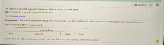 Question Help The September 30, 2018 adjusted trial balance of De Leche, Inc., is shown below. (Click the icon to view the ad