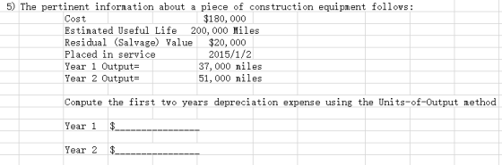 Cost 5) The pertinent information about a piece of construction equipment follows: $180,000 Estimated Useful Life 200,000 Mil