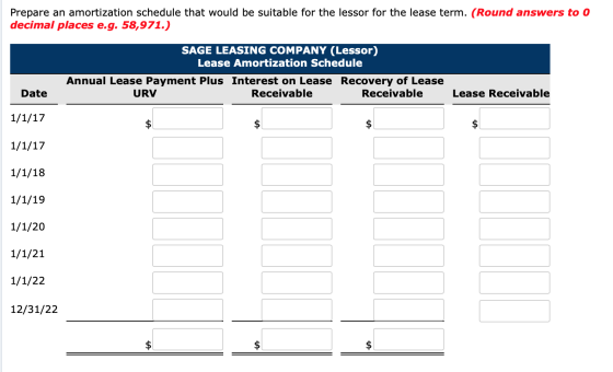 Prepare an amortization schedule that would be suitable for the lessor for the lease term. (Round answers to O decimal places