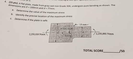 made from gray cast iron Grade 30A undergoes pure bending as shown. The 4. (15 pts). A flat plate, made from gr dimensions ar