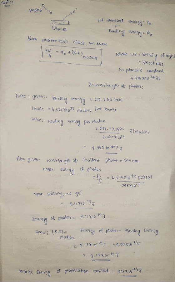 S01:1 photon let lithium threshold energy to Binding energy = do from photo electric effect, we know The = d.+ (1. El electio