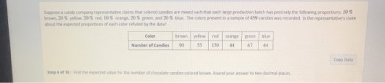 Suppose a candy company representative daims that colored candies are mixed such that each large production batch has precise